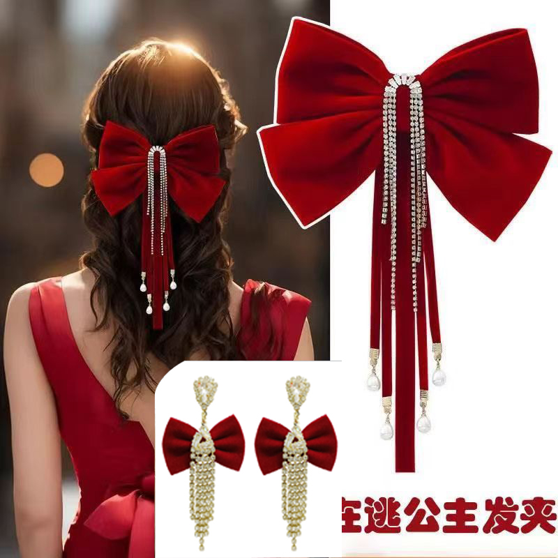 新娘头饰丝绒发夹红色蝴蝶结发夹