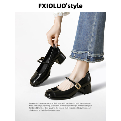 一字带高跟浅口粗跟单鞋女通勤