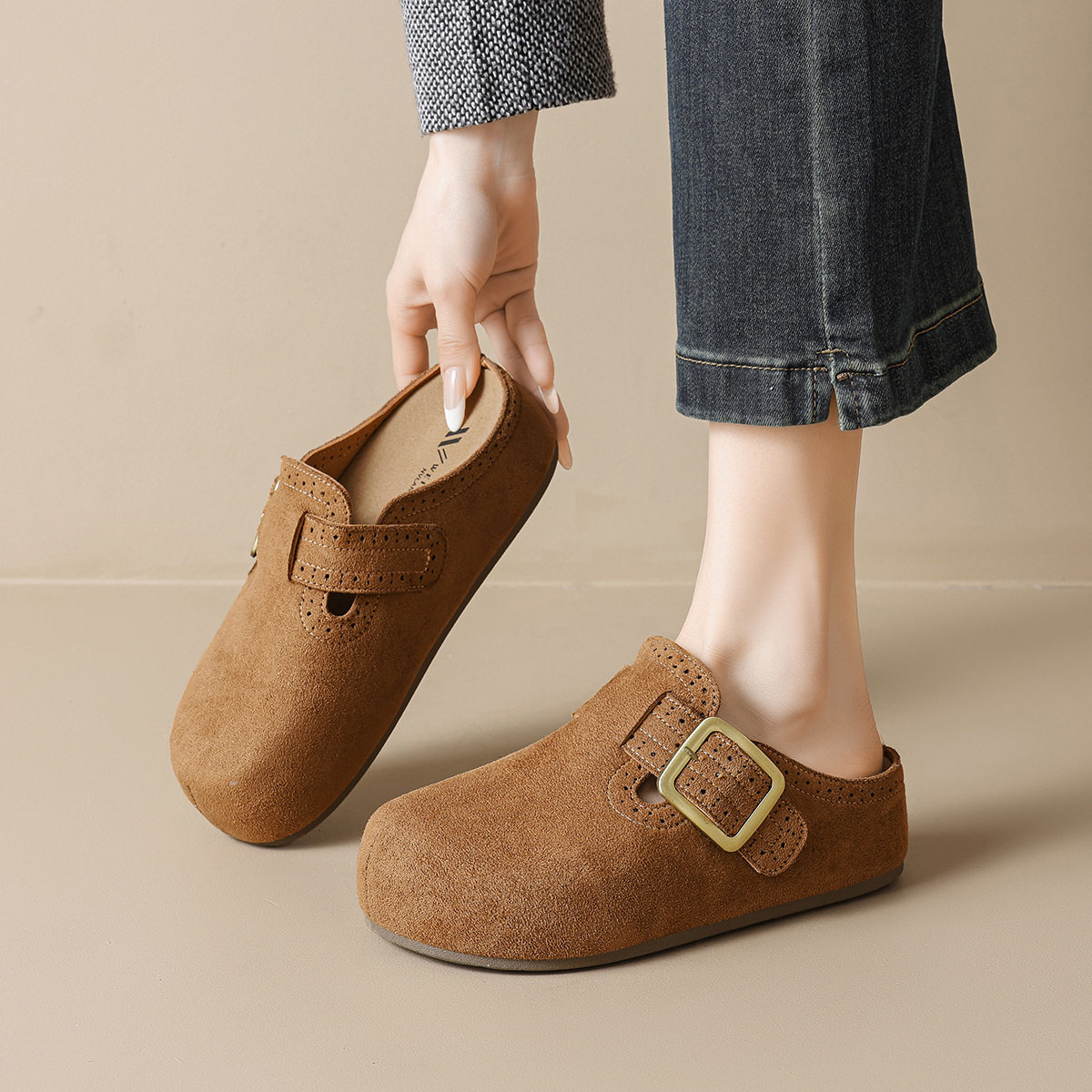 羊皮版~内增高皮带扣包头拖鞋女2026新款温柔配裙子外穿勃肯拖鞋