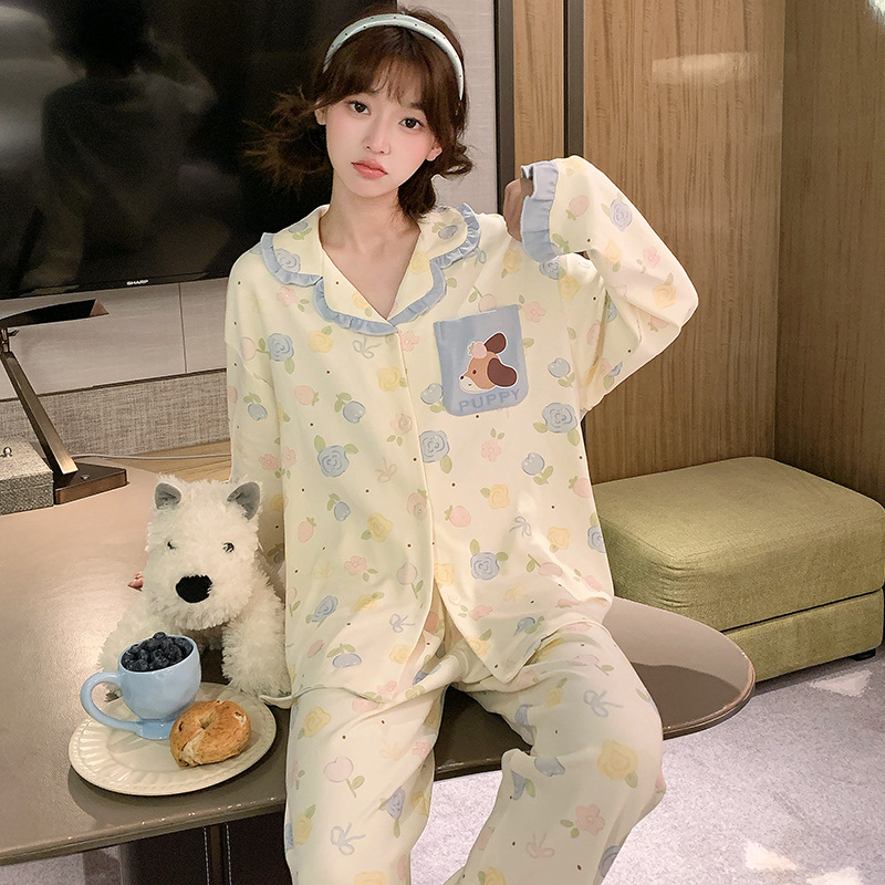 简约甜美新款睡衣女春秋季长袖开衫翻领纯棉卡通可爱家居服两件套