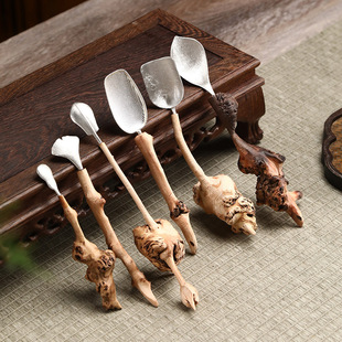 木树根瘤锡茶匙 纯锡茶拨 原生态实木茶扒 形态各异 禅意茶道配件