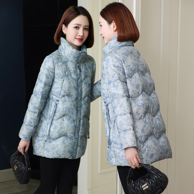 国风印花加厚羽绒服女中长款2025