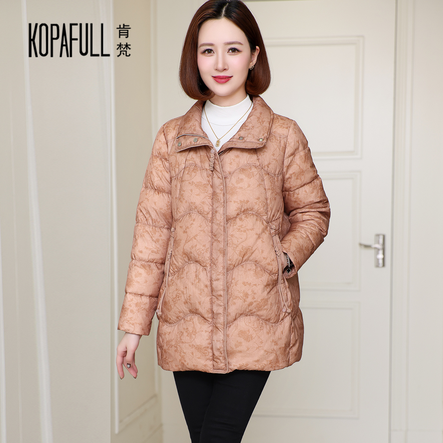 国风印花羽绒服女中长款