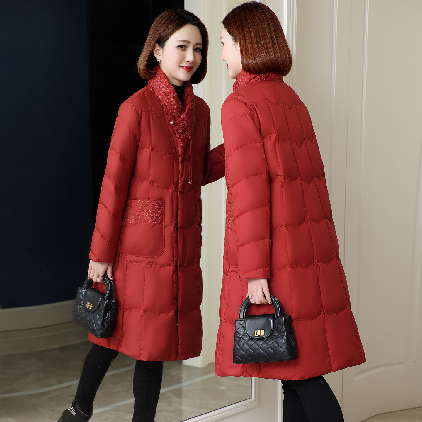 新中式刺绣加厚羽绒服女中长款