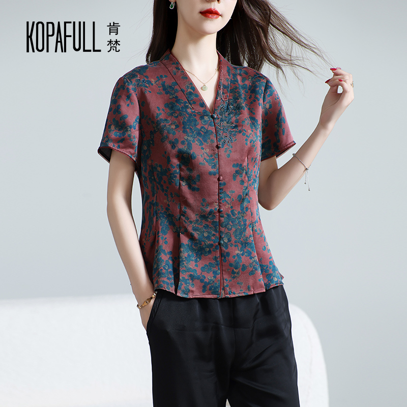 中老年复古印花V领桑蚕丝真丝T恤