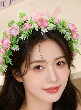 2026新款跨境高级感仿真桃花花环夏威夷海边度假发饰新娘拍照头花