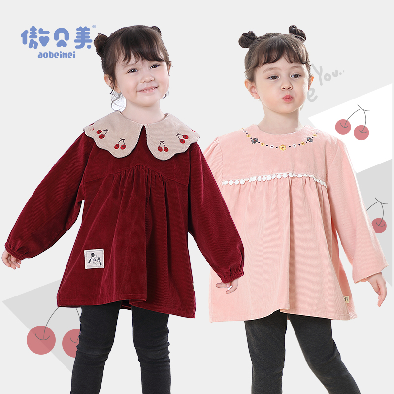 女宝宝灯芯绒罩衣儿童防水吃饭衣围兜婴儿反穿衣防脏纯棉围裙秋冬