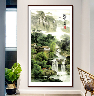 十字绣2024新款 山水画 线绣竖版 玄关大幅风景满绣客厅流水生财中式