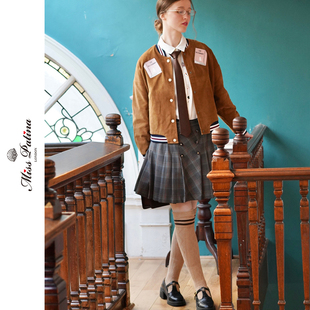 MP英伦复古原创学院风灯芯绒短外套女春秋夹克棒球服格子半裙套装