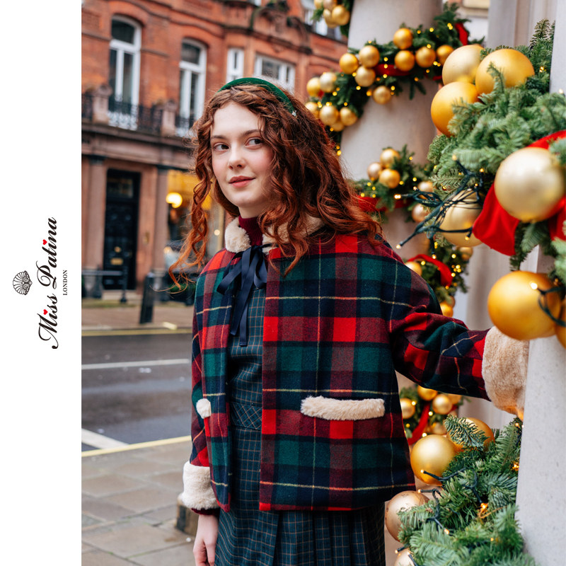 新年圣诞红格毛领宽松厚实外套