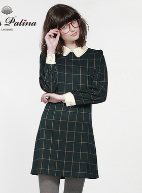 霉霉同款 MP英伦复古欧美长袖墨绿色格子修身连衣裙春秋冬