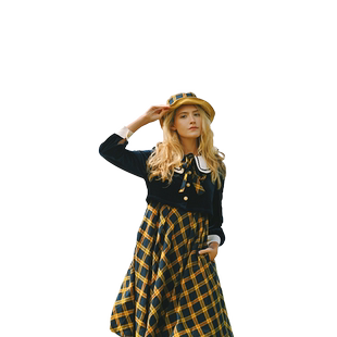 MP复古原创设计 丝绒拼接撞色格子修身大领系带长袖连衣裙秋冬