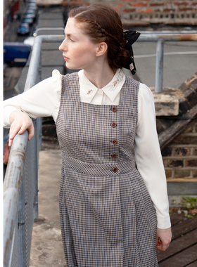 MP复古原创设计 科幻剧Dr.Who同款学院风方领格子背心裙连衣裙