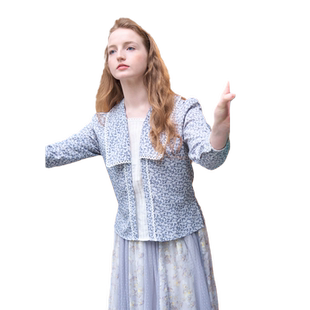 MP复古原创设计 蔡思韵同款唐顿庄园方领碎花蕾丝拼接长袖衬衫