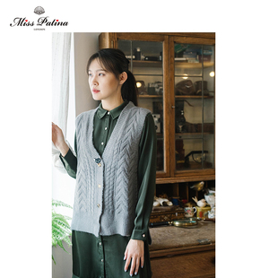 MP秋冬套装复古设计 英格兰萌猫背心开衫+口袋猫刺绣荷叶摆连衣裙