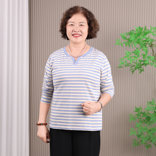2025年中年妇女秋装新款纯棉上衣妈妈春秋季长袖T恤薄款条纹小衫