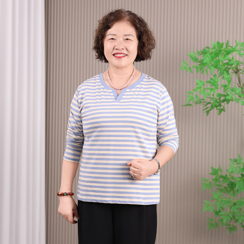 妈妈春秋季长袖T恤薄款条纹小衫