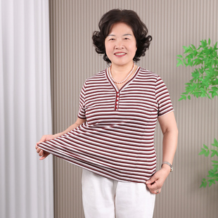 红色条纹小衫女短袖妈妈装2026年夏装新款v领上衣百搭中老年T恤衫