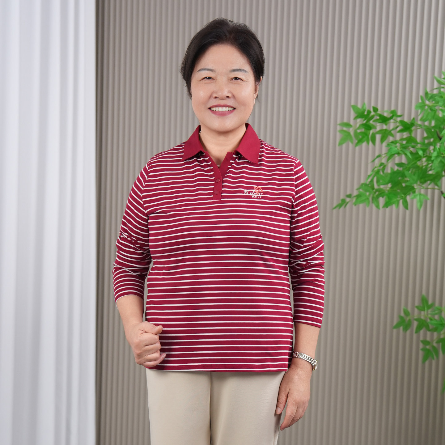 60岁70岁中老年妈妈条纹长袖t恤女春秋款女士纯棉上衣翻领polo衫