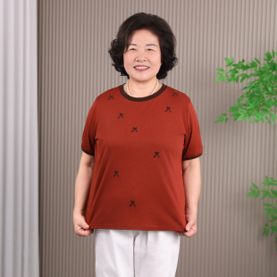 60岁中老年妈妈桔红色纯棉短袖T恤女夏季宽松遮肚上衣舒适有弹力