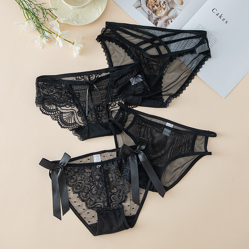 4条装黑色透明内裤女蕾丝低腰棉档无痕镂空性感网纱薄款三角裤头