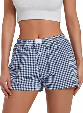 Holiday Style Blue Checked Beach Shorts Women Loose Elastic
