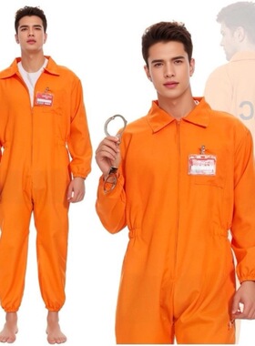 Mens Halloween Orange Jumpsuit Convict prisoner Costume Cos