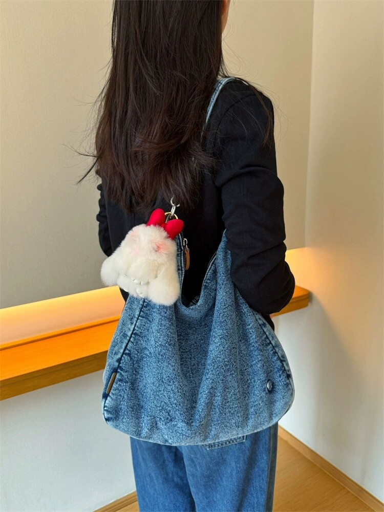 2025新款大容量托特包松弛感牛仔单肩包休闲斜挎包学生通勤上课包