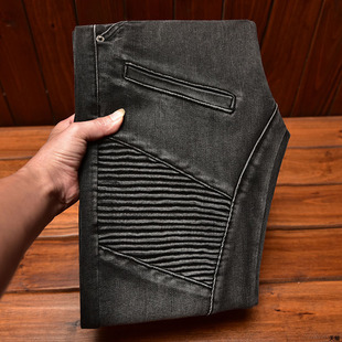 男修身 灰黑色机车长裤 小脚裤 时尚 弹力潮牌潮流韩版 欧货高端牛仔裤