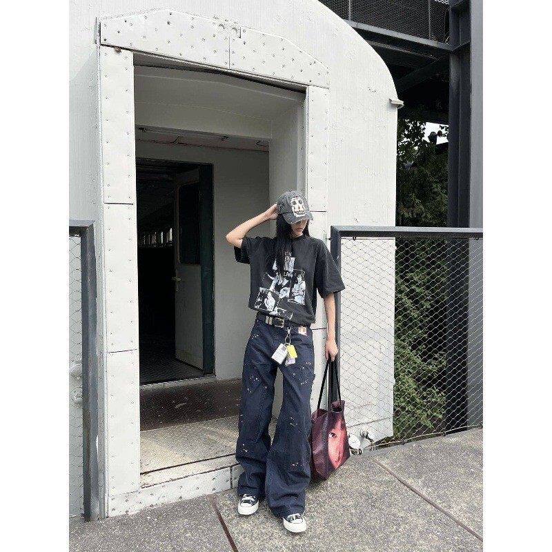 2025四色泼墨水洗双膝工装裤烟盒刺绣直筒宽松阔腿伐木裤