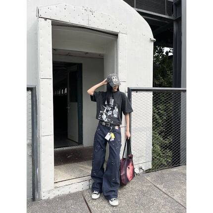 2025四色泼墨水洗双膝工装裤烟盒刺绣直筒宽松阔腿伐木裤