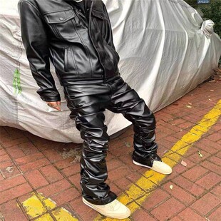 2025美式小众 remake手工拼接褶皱皮裤男女百搭嘻哈皮裤