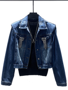 夹克 痞帅短款 2022潮牌设计感镶钻垫肩牛仔外套男个性 宽松百搭工装