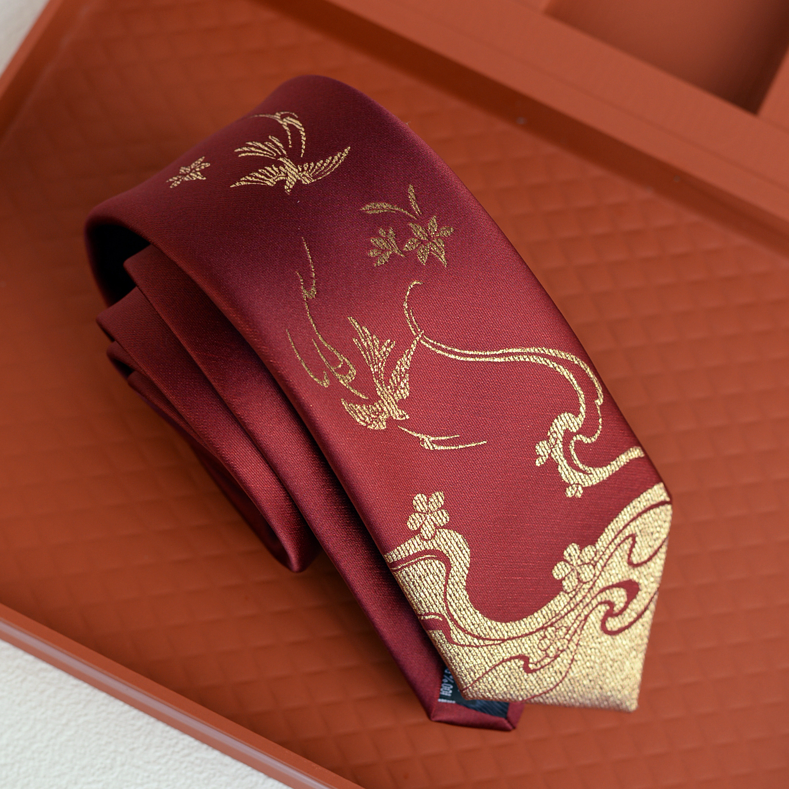 酒红提花凤凰手打领带优雅百搭