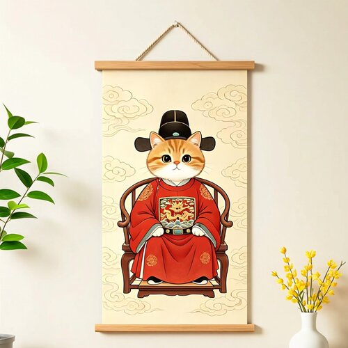 新中式猫咪卷轴挂画招财进宝