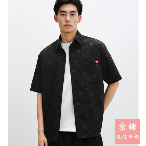 太平鸟男装夏季爱心刺绣短袖衬衫