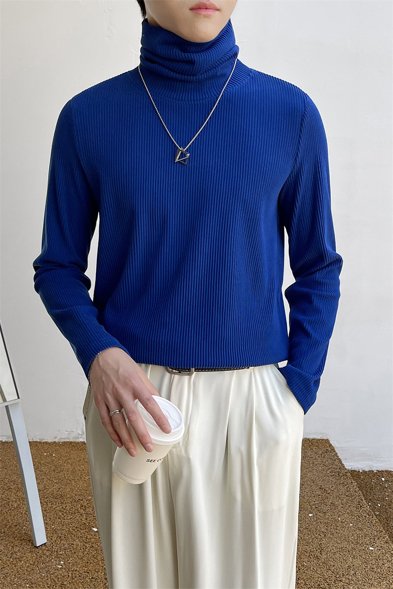 青年男生纯色高领打底衫蓝色休闲堆堆领针织衫上衣男C203-1067,男装T恤,电商C208