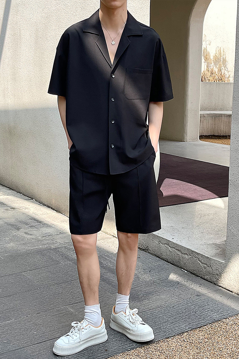 社会小伙夏季男士纯色套装短袖衬衫短裤两件套C208-8874-P88控138,男装牛仔裤,电商C208