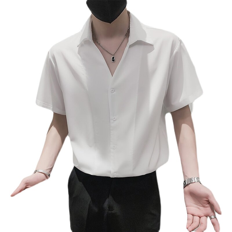 社会小伙夏季纯色休闲短袖衬衫青春流行男士V领上衣C203-8820-P58,男装T恤,电商C208
