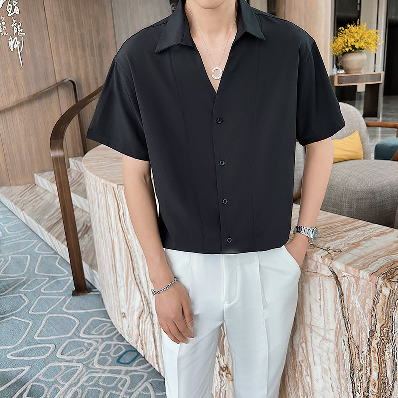 青年男士夏季黑色尖领薄款短袖衬衫轻熟风纯色上衣C203-8820-P58，男装T恤，电商C208