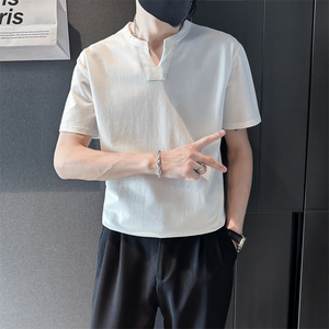 精神小伙夏季男士短袖体恤纯色V领潮流半袖t恤男C203-8872-特P48图片