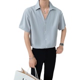 抖音直播男士纯色休闲V领社会小伙衬衫轻熟风短袖上衣8820，男装T恤，电商C208