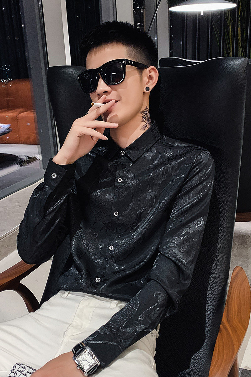 社会小伙春秋季男士长袖衬衣男龙纹提花潮流修身衬衫5058-P45控68,男装衬衫,电商C208