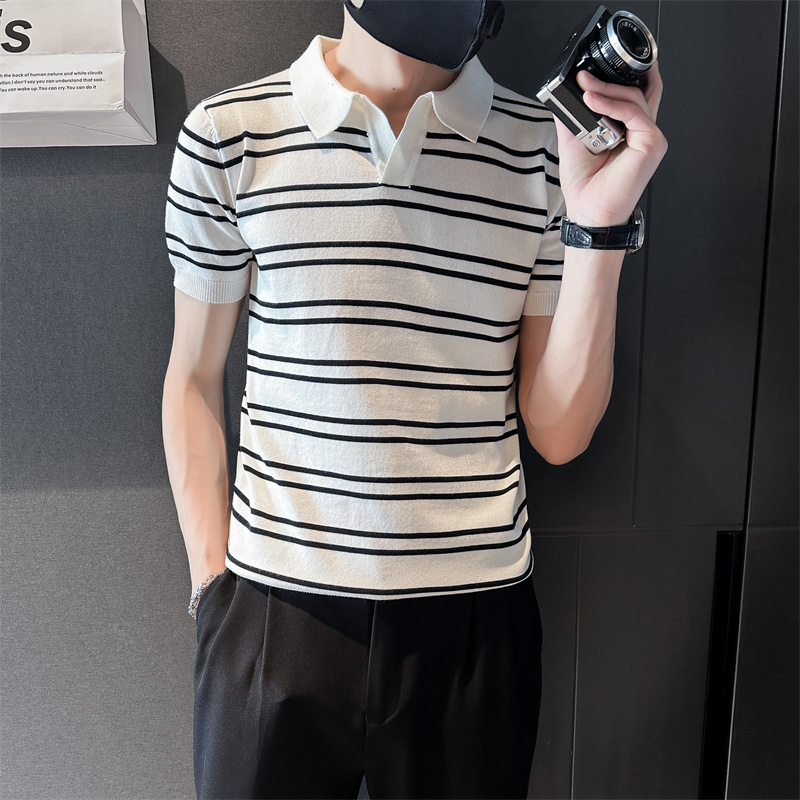 夏季男士V领短袖t恤白色条纹针织衫新款翻领Polo衫C203-8871特P48，男装T恤，电商C208