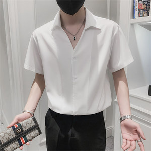 社会小伙夏季纯色休闲短袖衬衫青春流行男士V领上衣C203-8820-P58，男装T恤，电商C208