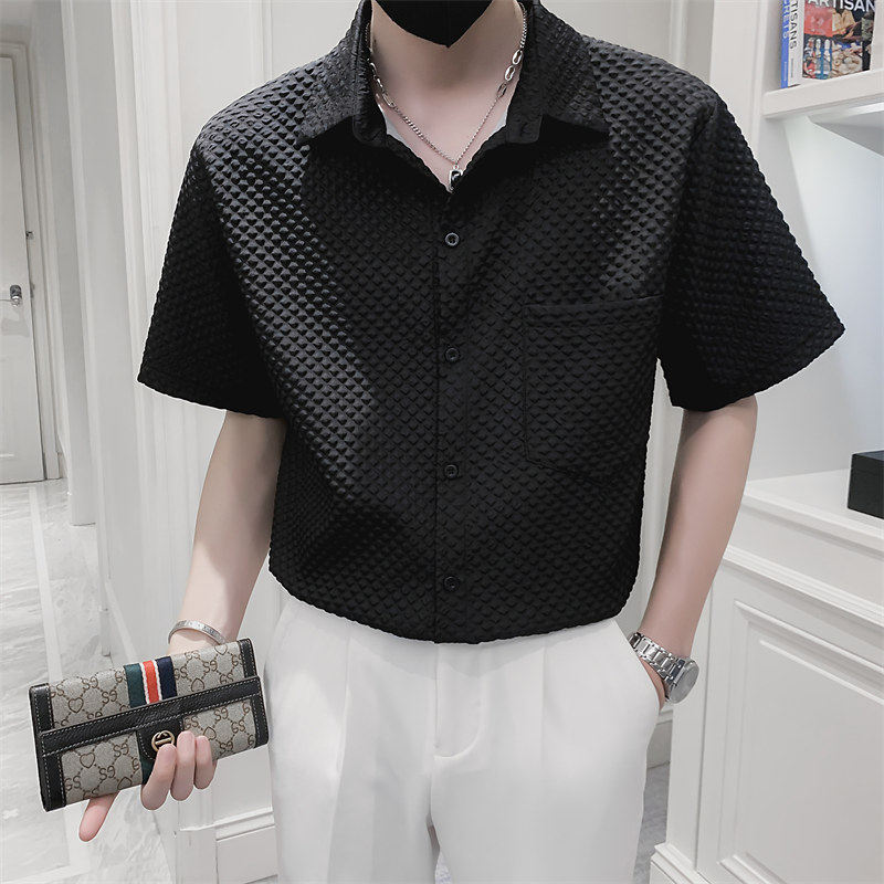 精神小伙短袖休闲尖领衬衫时尚格子夏季男士纯色上衣C203-8817P58，男装T恤，电商C208