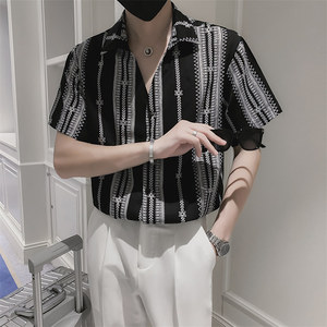 2026夏季男士短袖花衬衣精神小伙时尚潮流半袖上衣C203-8810-P58，男装T恤，电商C208