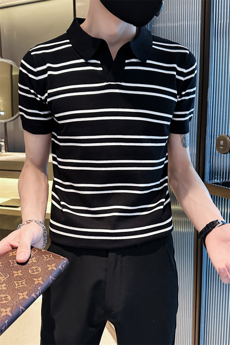 精神小伙夏季男士短袖t恤修身条纹翻领黑色polo衫C203-8871-特P48,男装T恤,电商C208