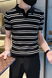精神小伙夏季男士短袖t恤修身条纹翻领黑色polo衫C203-8871-特P48，男装T恤，电商C208