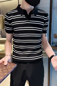 精神小伙夏季男士短袖t恤修身条纹翻领黑色polo衫C203-8871-特P48图片